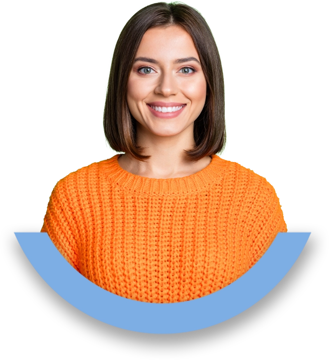 portrait of happy attractive girl with big smile wearing orange sweater